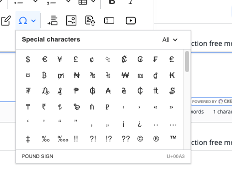 Special characters in online editor